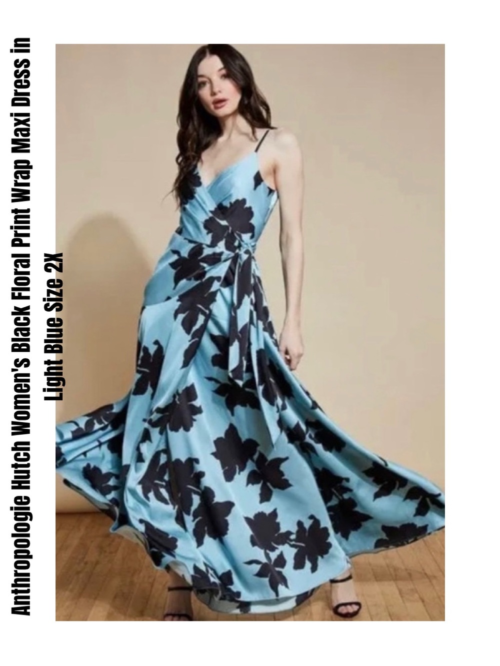 Anthropologie Hutch Black Floral Print Wrap Maxi Dress in Light Blue Size 2X